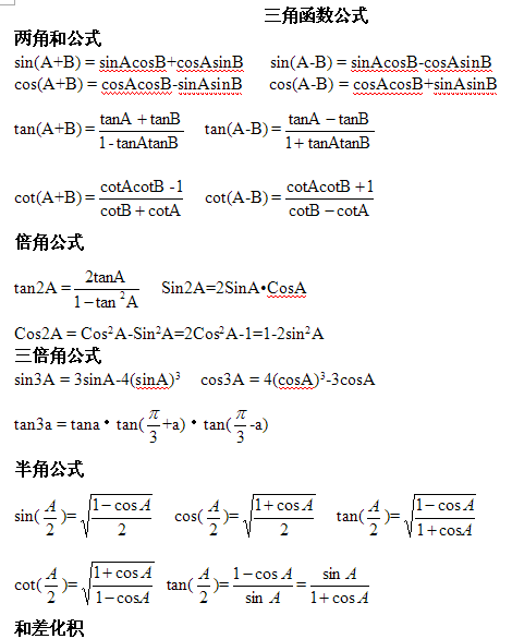 湖南高考数学知识点:三角函数公式